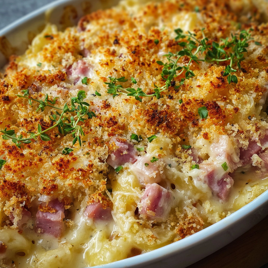 A delicious Chicken Cordon Bleu Casserole, topped with cheese and bacon, is ready to be served.