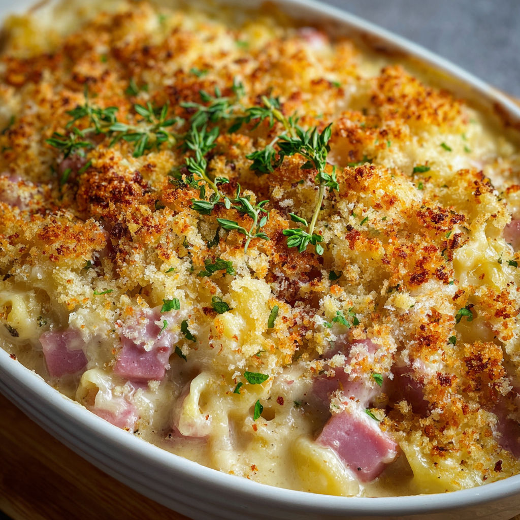 A delicious Chicken Cordon Bleu Casserole, topped with breadcrumbs and herbs, is ready to be served.