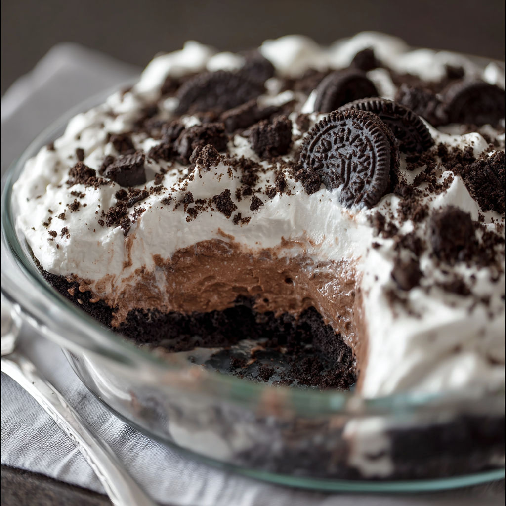 A slice of chocolate and Oreo cream pie in a glass bowl.