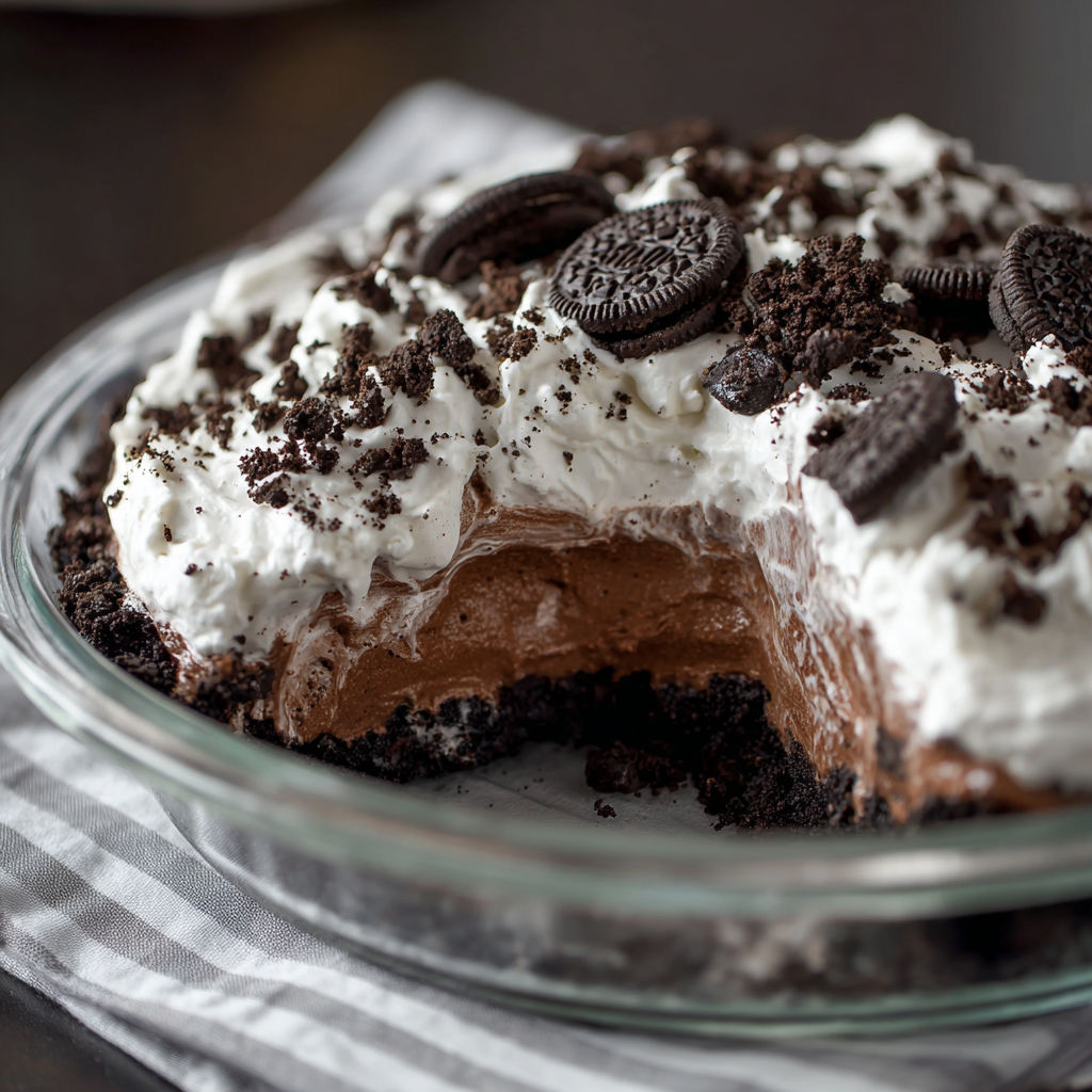A delicious chocolate and Oreo dessert pie is displayed in a glass bowl.