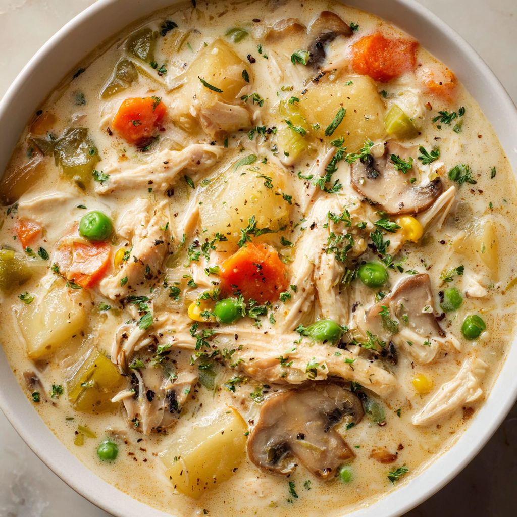A bowl of soup filled with chicken, potatoes, mushrooms, and peas.
