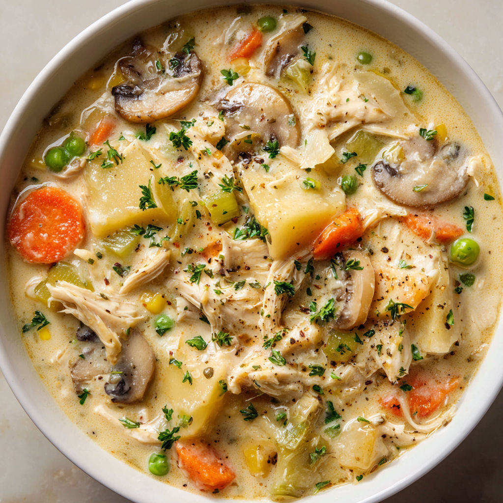 A bowl of soup with mushrooms, carrots, and chicken.