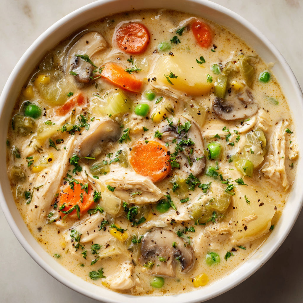 A bowl of soup filled with vegetables and chicken, including carrots, peas, and mushrooms.