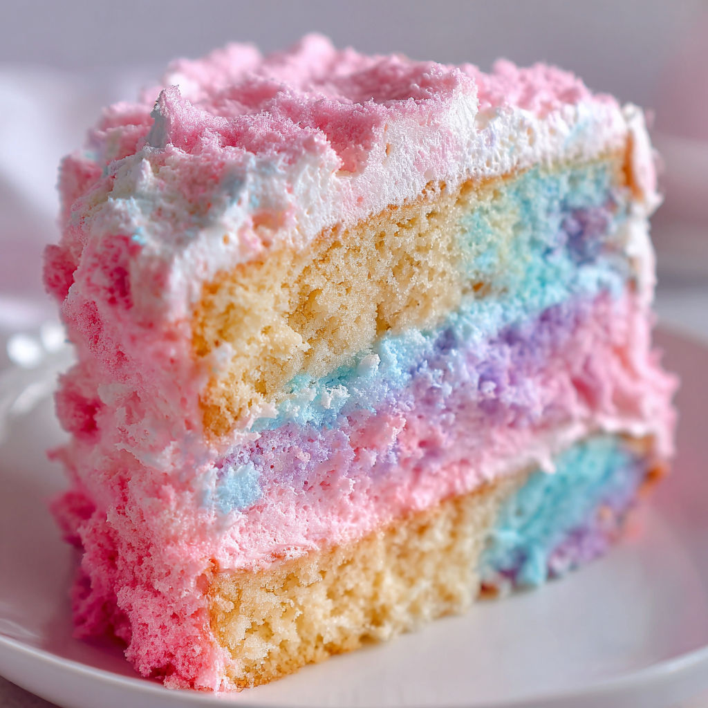A slice of a colorful cake with pink, blue, and yellow layers.