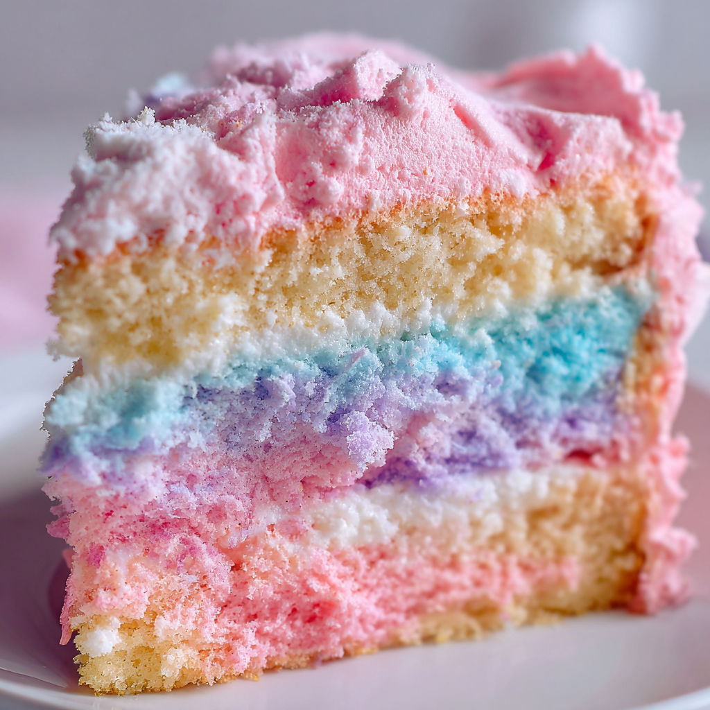 A slice of a rainbow cake with white frosting.