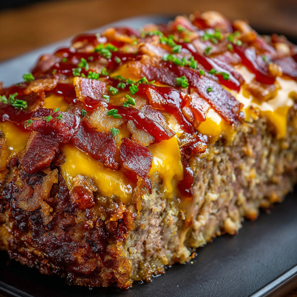 A delicious bacon and cheese casserole is presented on a black plate.