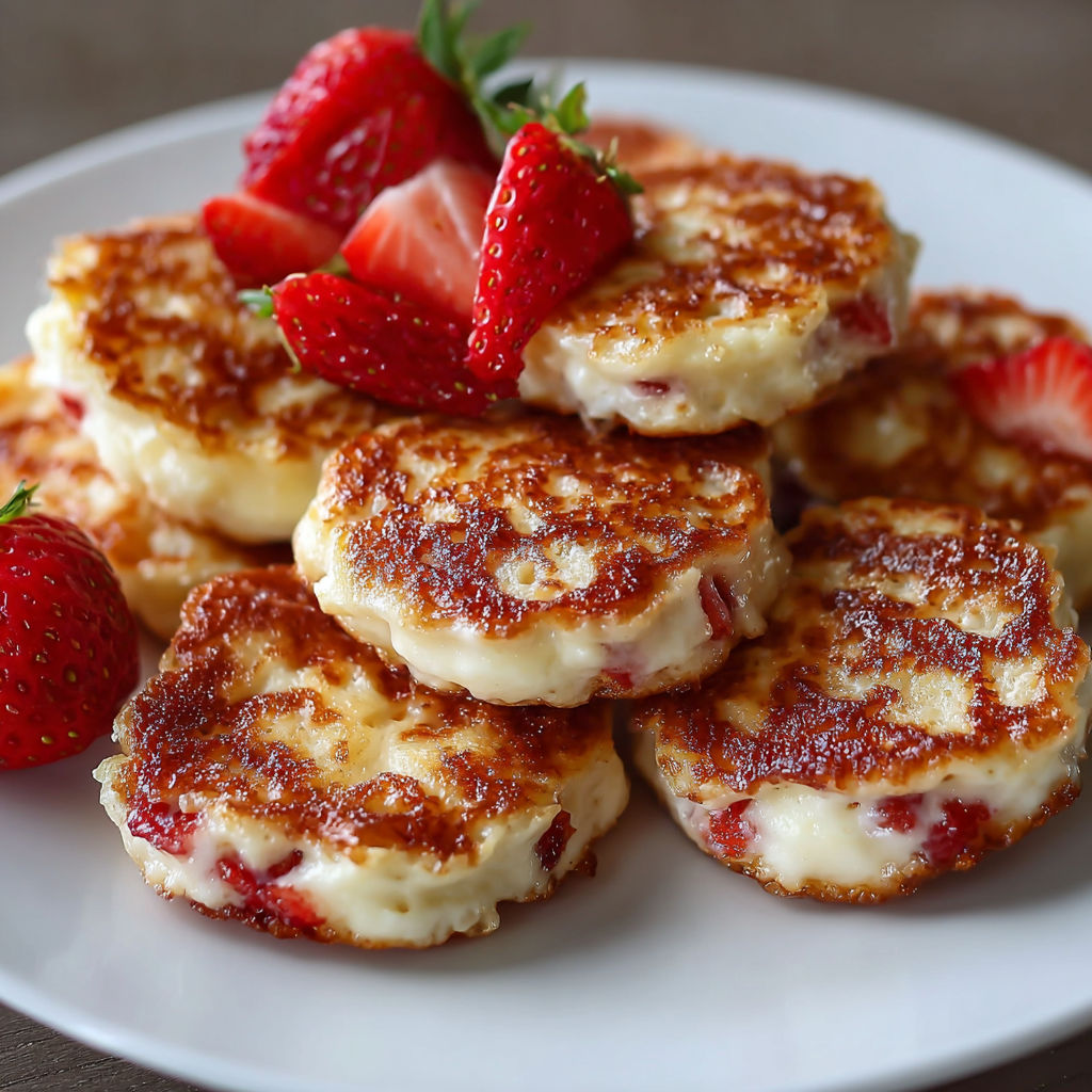 A plate of Strawberry Cottage Cheese Bites with a strawberry on top.