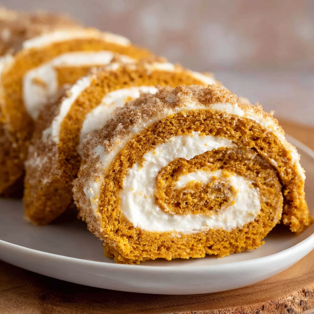 A plate with a cake roll on it, which is a dessert made from a spiral of dough filled with cream.