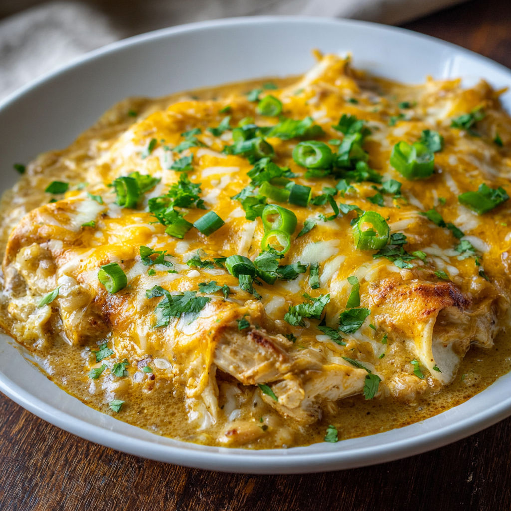 A white plate filled with Green Chile Chicken Enchiladas.