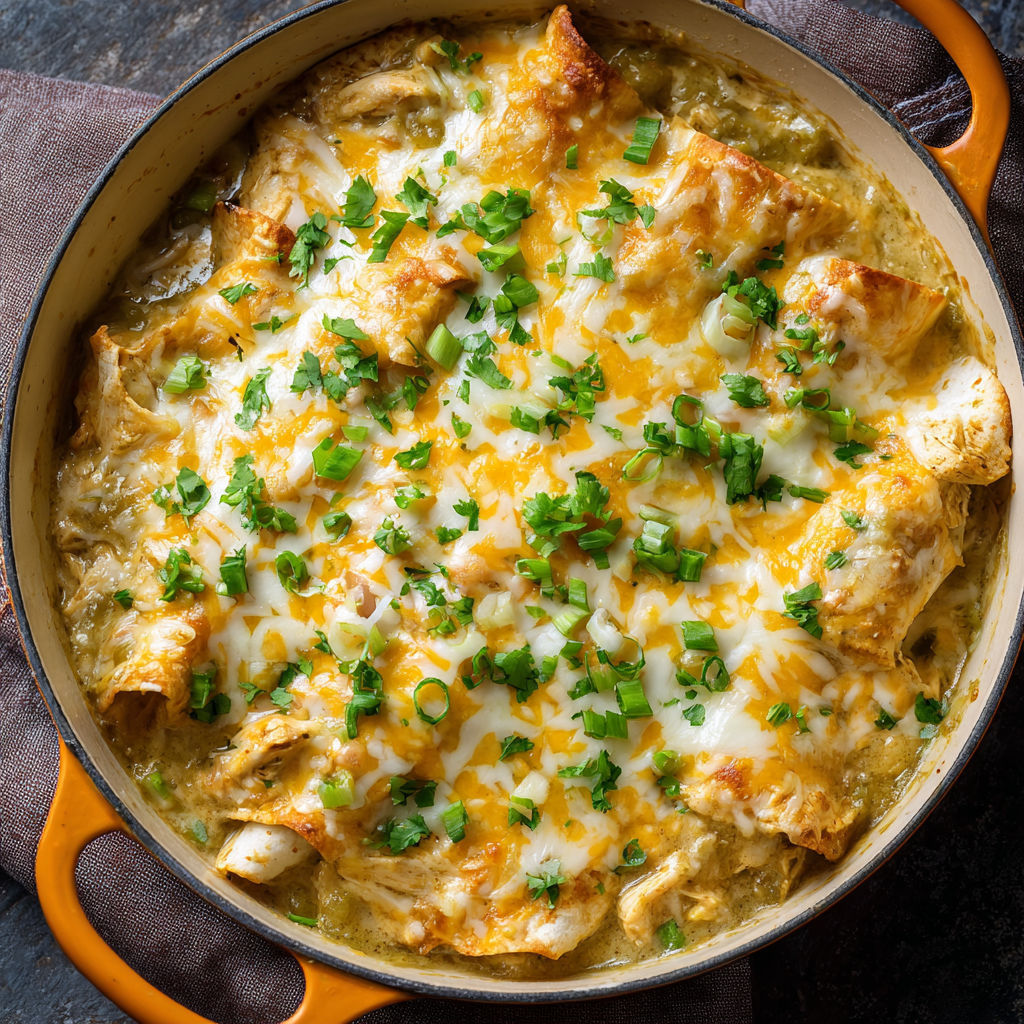 A delicious chicken enchilada dish with cheese and green onions.