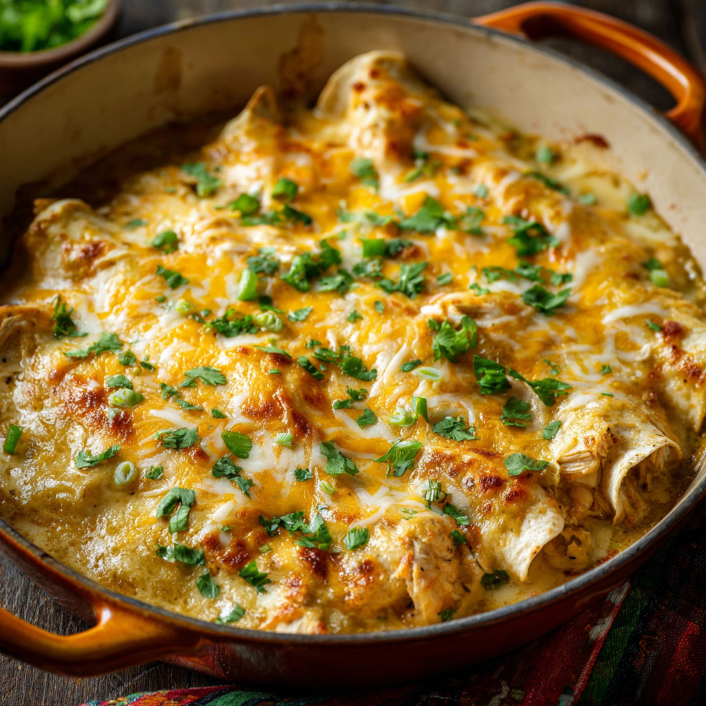 A delicious chicken enchilada dish is served in a large bowl.