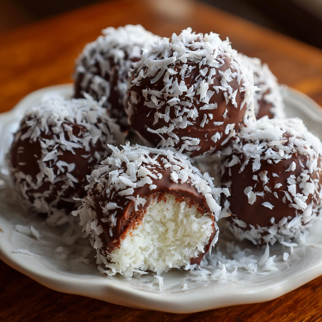 A plate of chocolate coconut balls is displayed on a wooden table.