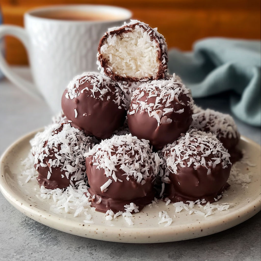 A plate of chocolate covered coconut balls with a cup of coffee.