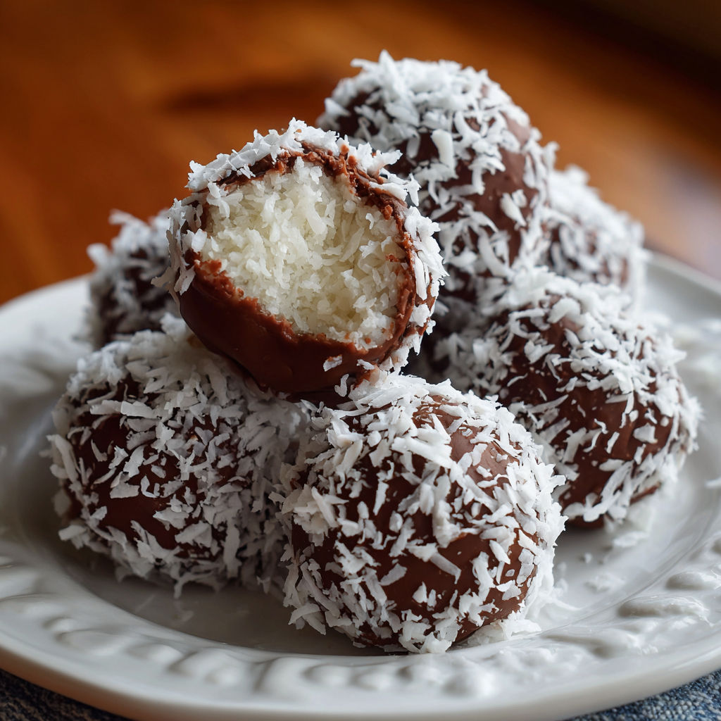A plate of chocolate covered coconut balls.