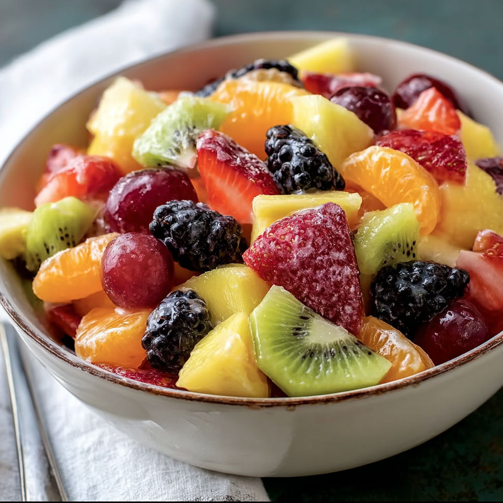 A bowl of fruit salad with a variety of fruits including kiwi, strawberries, and oranges.