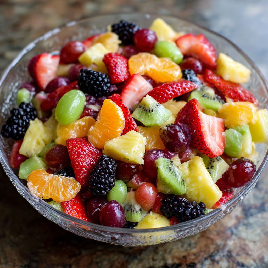 A bowl filled with a variety of fruits, including strawberries, kiwi, and oranges, is placed on a counter.