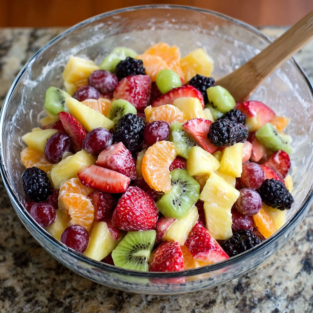 A bowl of fruit salad with a wooden spoon in it.