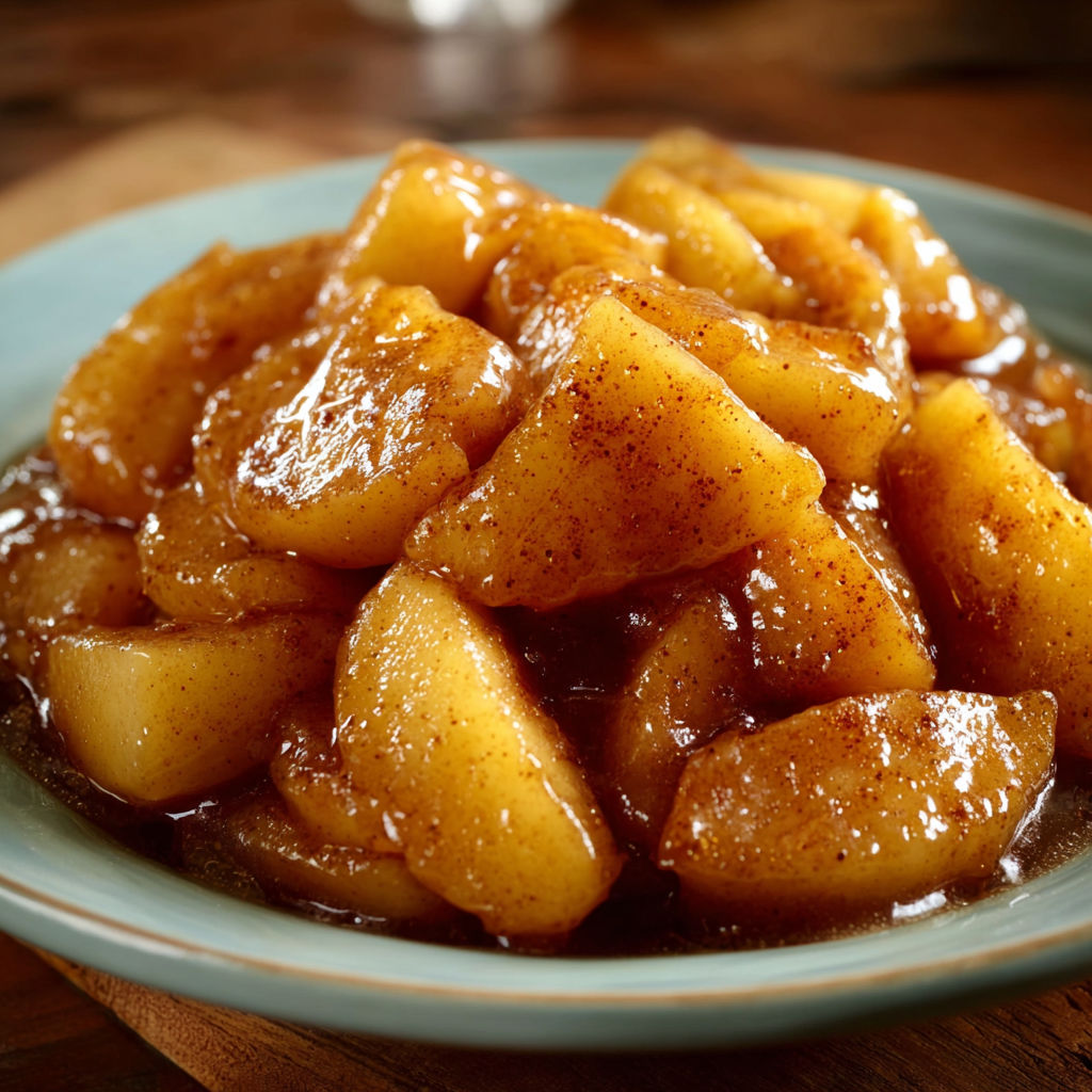 A plate of apples covered in a caramel sauce.