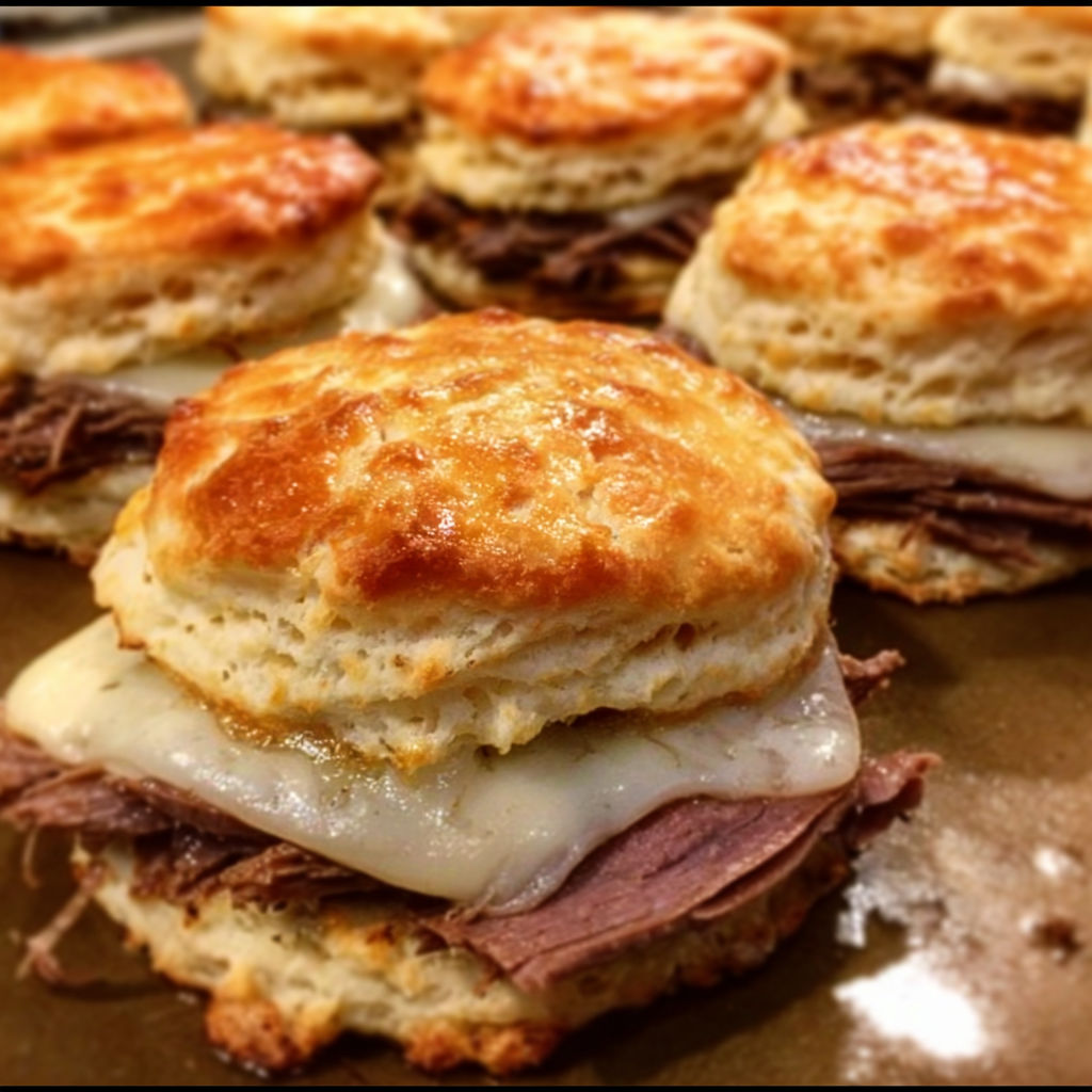 A delicious French dip biscuit with meat and cheese inside.