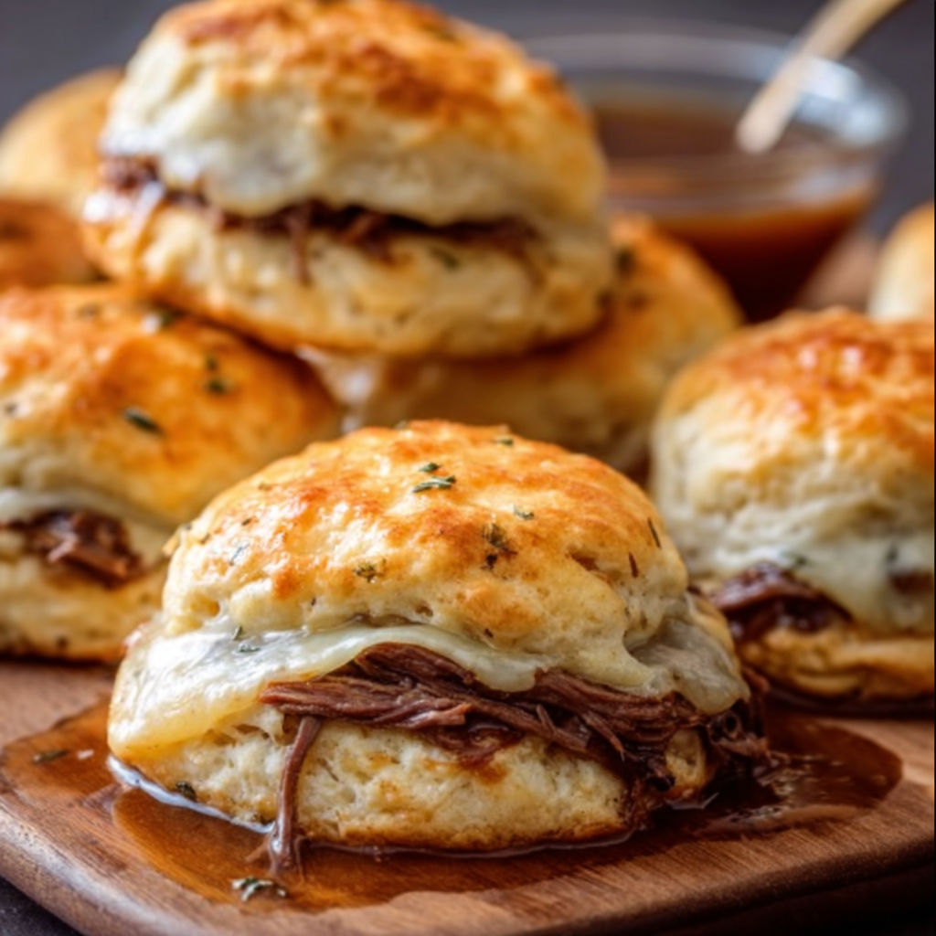 A plate of biscuits with meat filling and gravy.