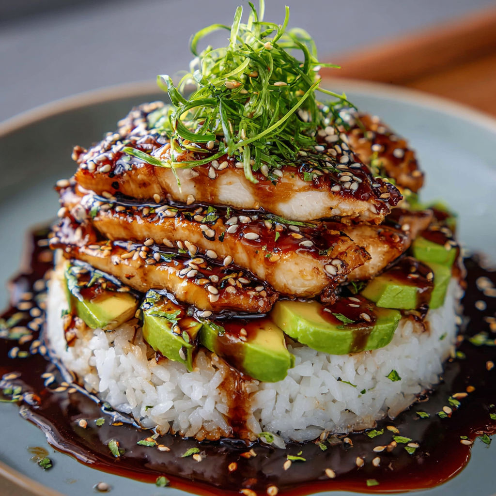 A plate of food with a variety of ingredients, including rice, fish, and vegetables, is presented on a table.