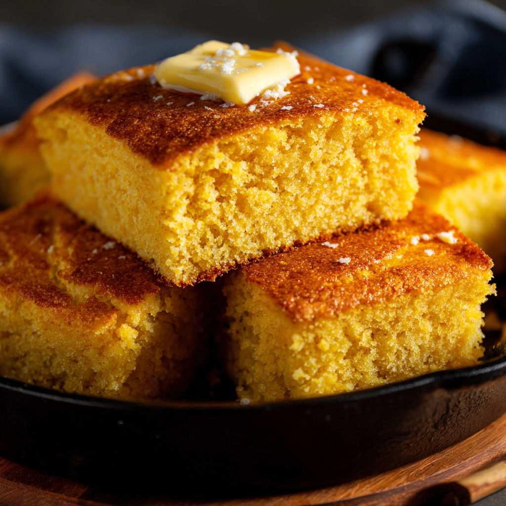 A delicious cornbread with butter on top, reminiscent of Grandmother's recipe.