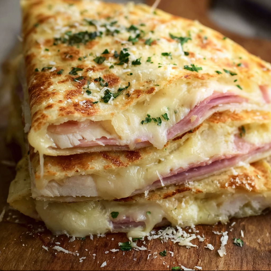 A stack of Chicken Cordon Bleu Quesadillas on a wooden cutting board.