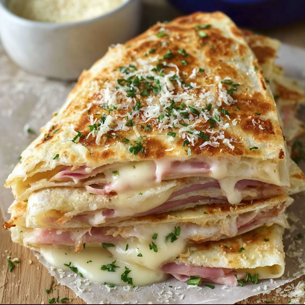A delicious Chicken Cordon Bleu Quesadilla is stacked on a cutting board, ready to be sliced and served.