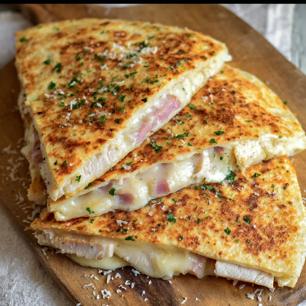 A delicious Chicken Cordon Bleu Quesadilla is served on a wooden cutting board.