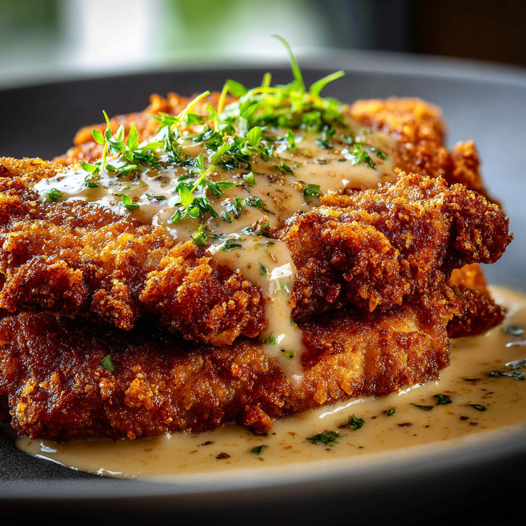 A plate of fried chicken with a creamy sauce and garnished with parsley.