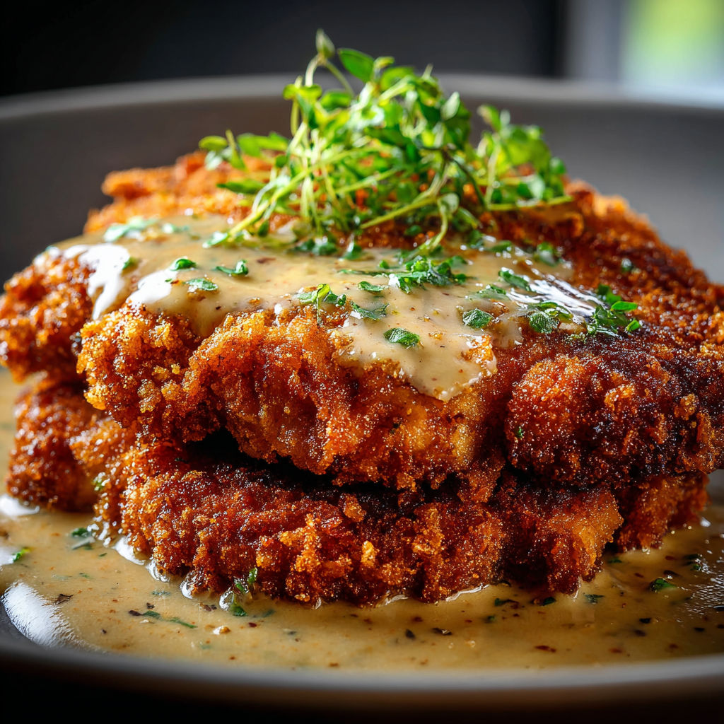 A plate of chicken covered in a creamy sauce and garnished with parsley.