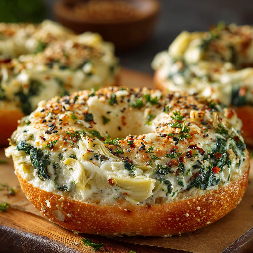A close up of a bagel with spinach and artichoke filling.