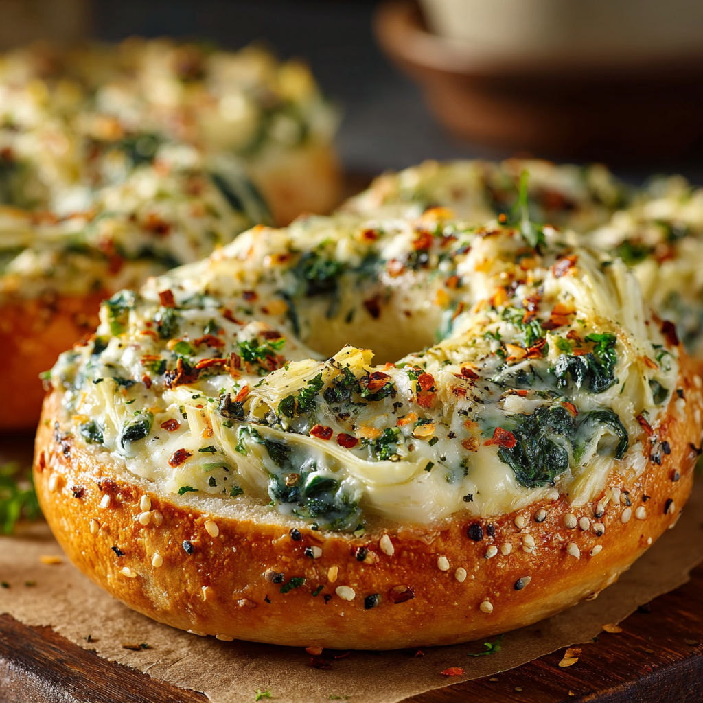 Two cheesy spinach-artichoke bagels on a wooden table.