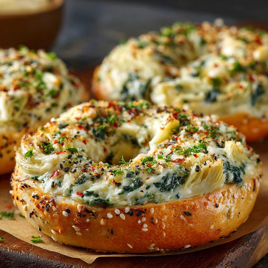 A plate of cheesy spinach-artichoke bagels.