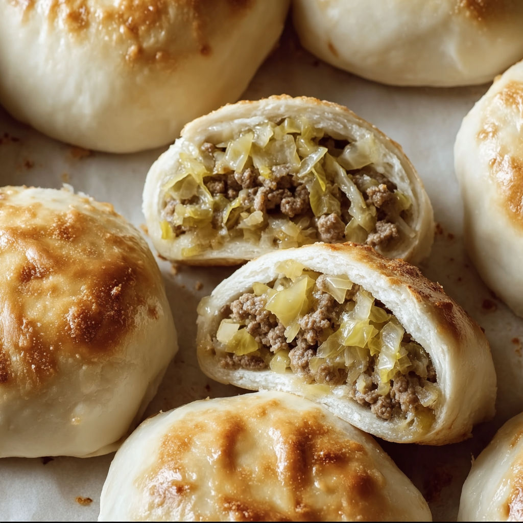 A close up of a delicious looking meat and vegetable filled dumpling.