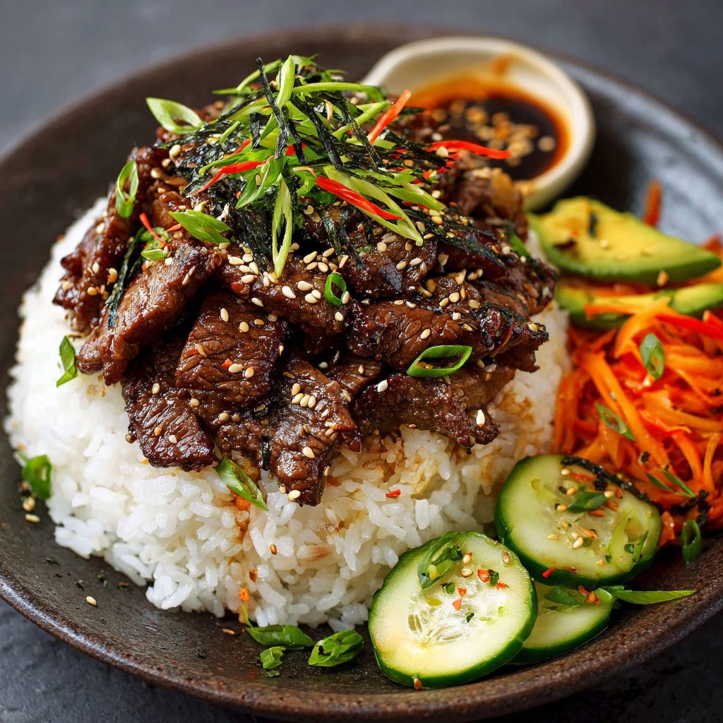 A plate of food with rice, beef, and vegetables, including carrots and cucumbers. The dish is topped with a sauce and garnished with sesame seeds.