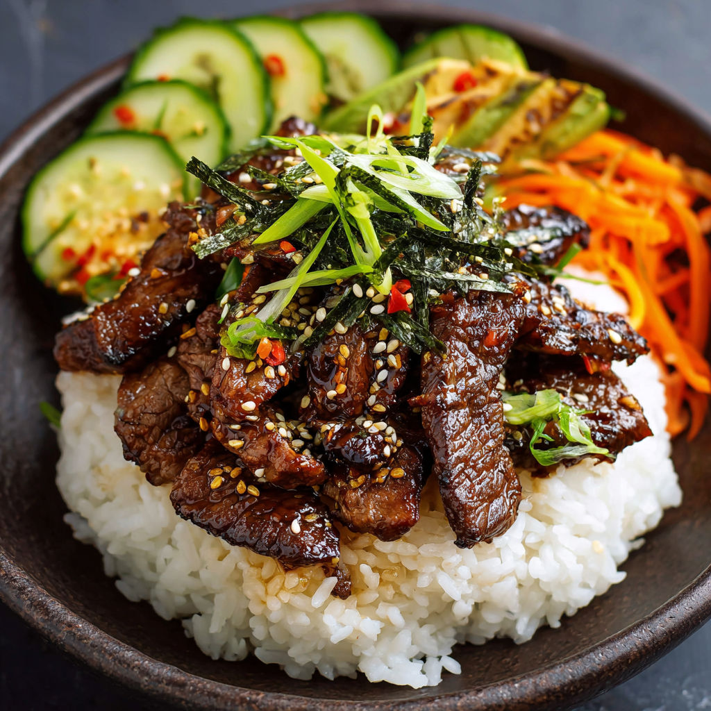 A bowl of rice with meat and vegetables, including carrots and cucumbers, on top.
