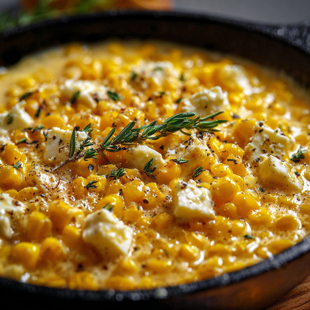 A delicious cheesy corn dish in a cast iron skillet.