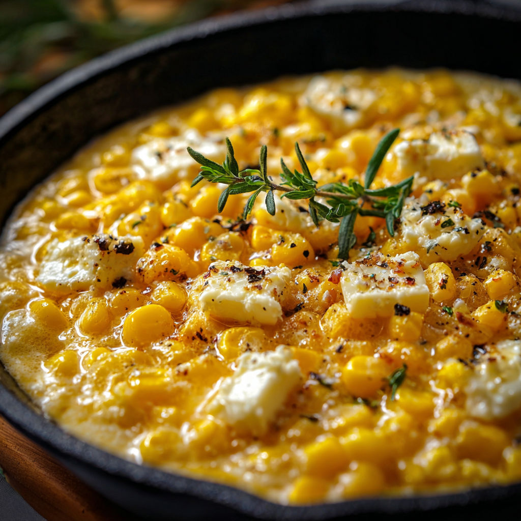 A bowl of cheesy corn sits on a wooden table, ready to be served.