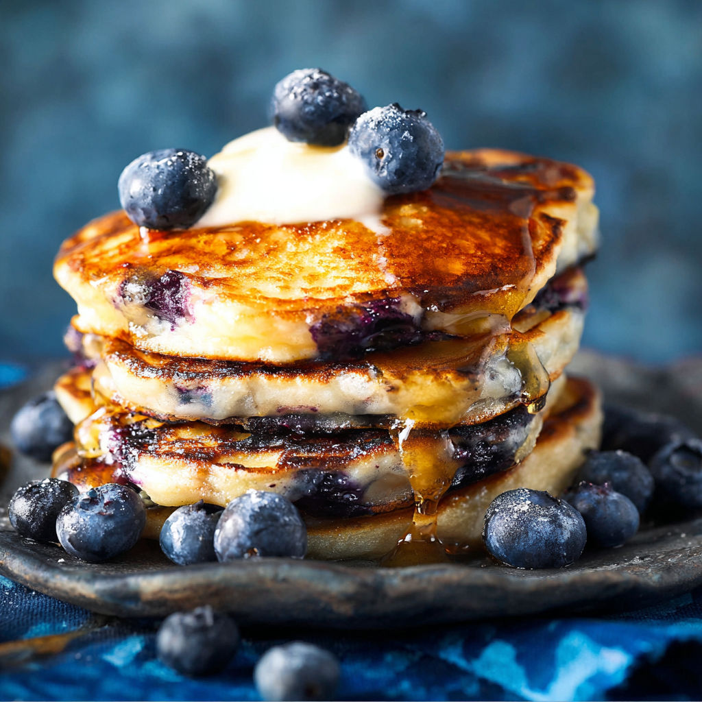 A stack of blueberry pancakes with butter and syrup on top.