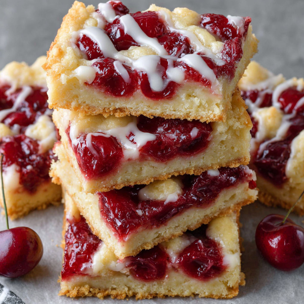 Cherry cake with white frosting and cherries on top.
