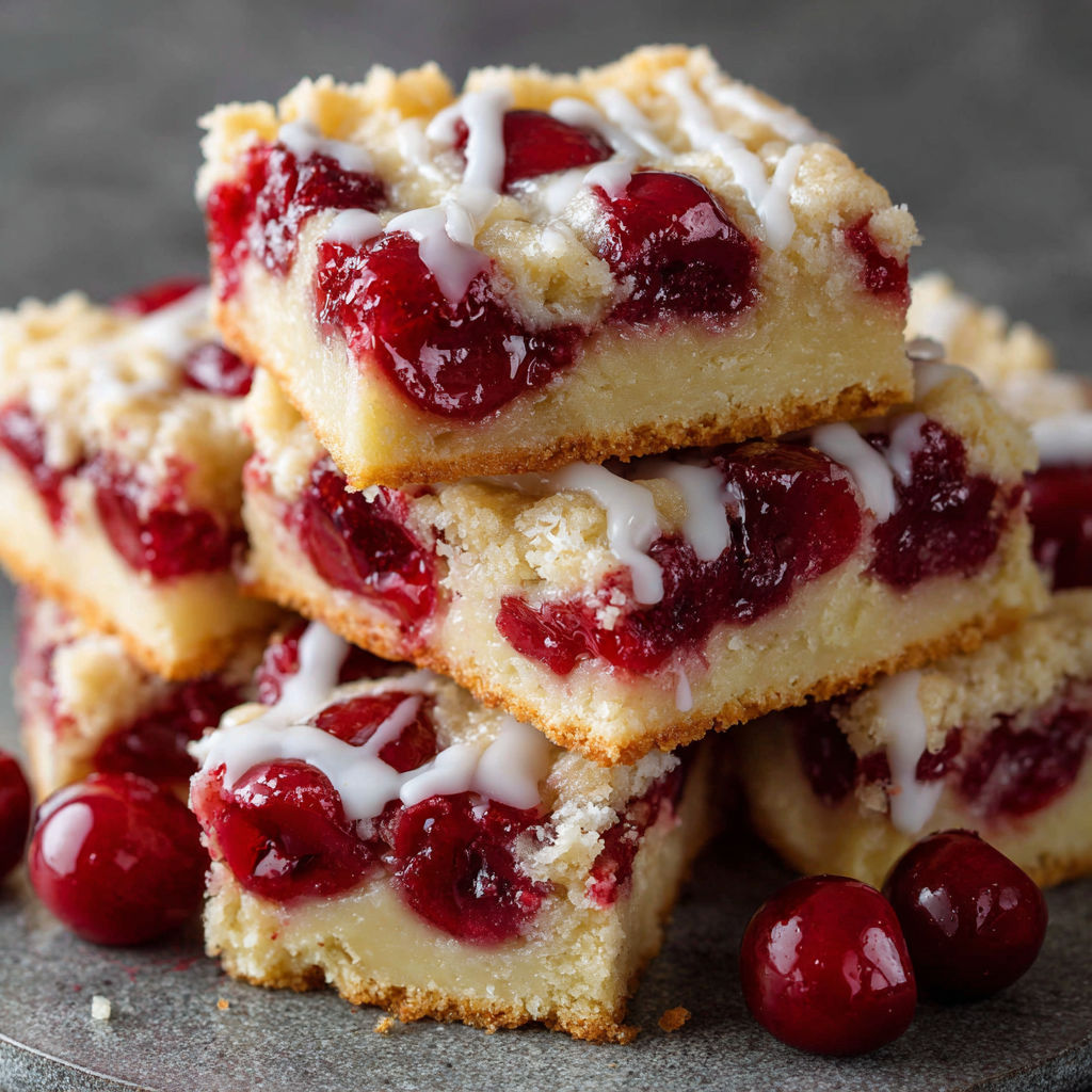 A stack of cake squares with white icing and cherries on top.