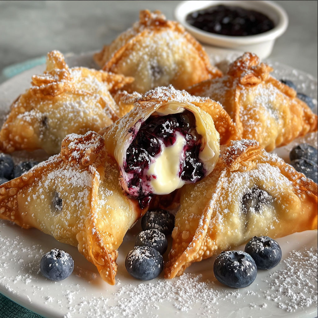 A plate of pastry filled with blueberry and cream.
