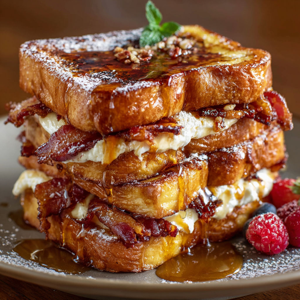 A stack of French toast with maple syrup and bacon on top.