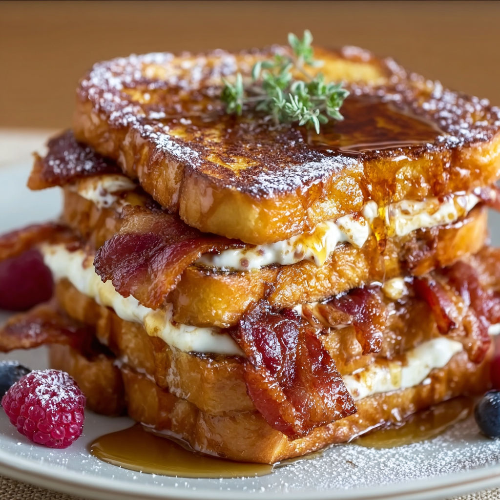 A stack of French toast with bacon and powdered sugar, served on a plate.