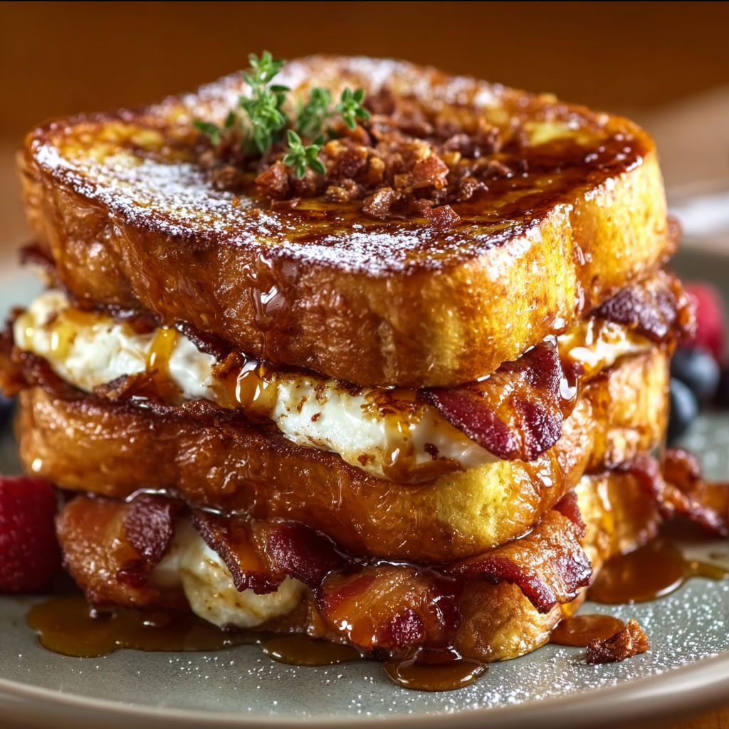 A stack of French toast with bacon and powdered sugar.