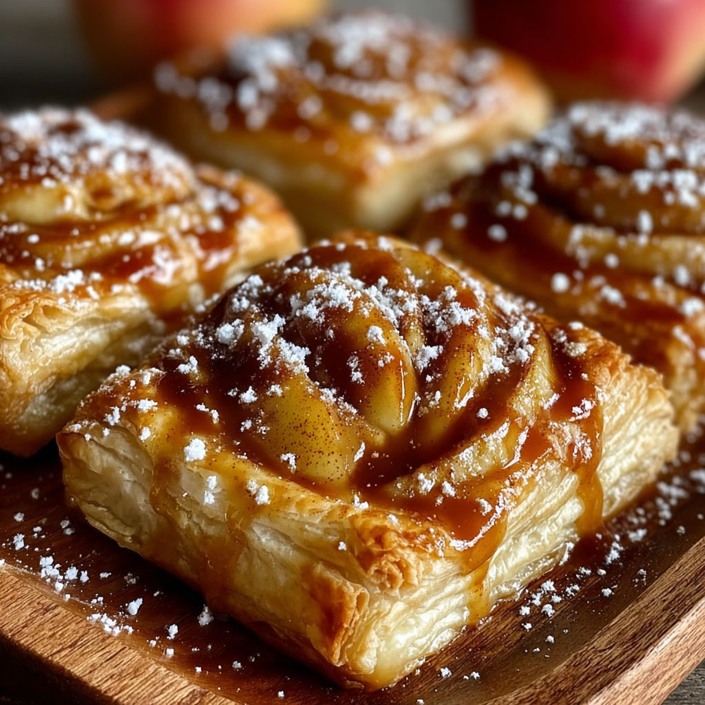 A delicious dessert made with puff pastry and caramel sauce, topped with apple slices.
