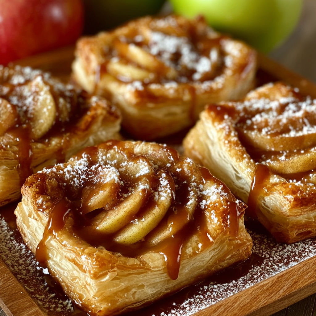 A plate of apple pastries with caramel sauce drizzled on top.