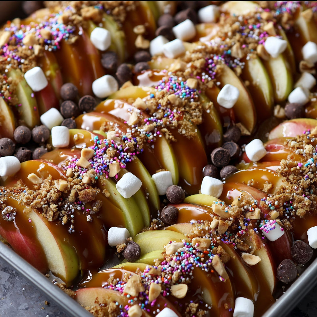 A delicious dessert made with apples, marshmallows, and caramel, all arranged on a sheet pan.
