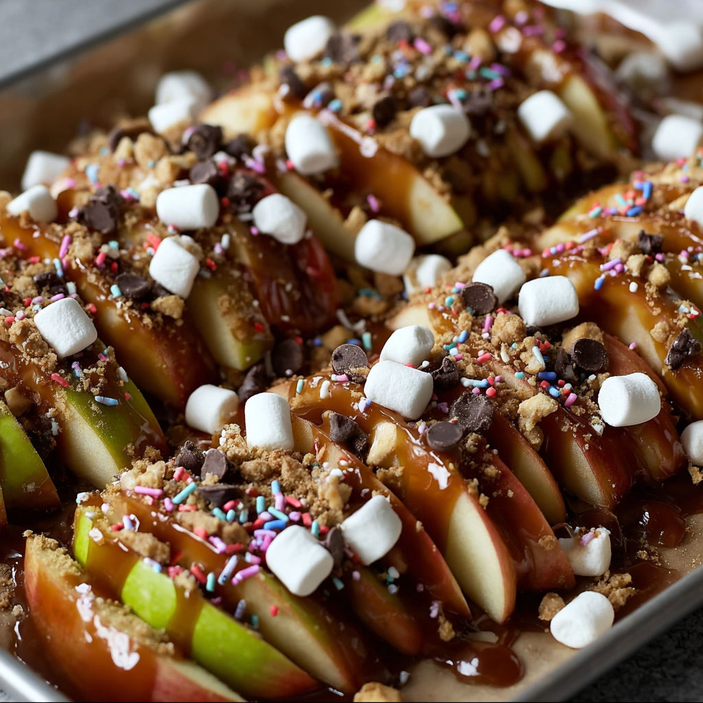 A delicious dessert made with apples and marshmallows, drizzled with caramel sauce.